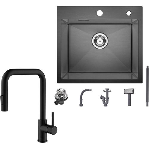 Spülbecken mit 1 Becken 50×45CM Edelstahlspüle Anthrazitschwarz mit Küchenarmatur 2 Strahlarten Schwarz ausziehbarer Spültischarmatur, Höhe 354 mm