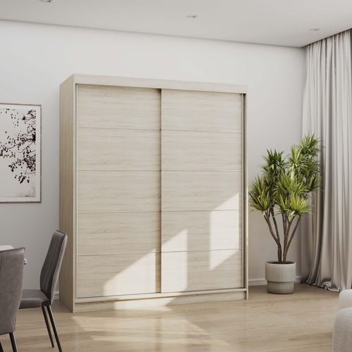 Schwebetürenschrank Kleiderschrank Schrank 160 cm Sonoma/Sonoma mit Zierleisten Bono 06