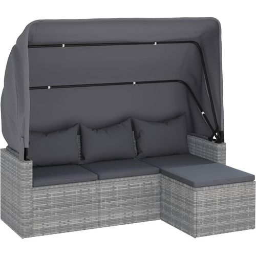 3-Sitzer-Gartensofa mit Dach und Fußhocker Grau Poly Rattan