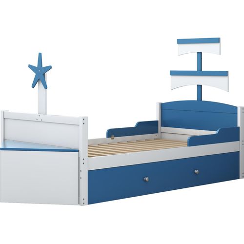 Holzbett 90x200cm Kinderbett (Ohne Matratze) Blau Holz Einzelbett Segelbootform Mit ausziehbares Bett Bootsbett Bettende mit Stauschrank