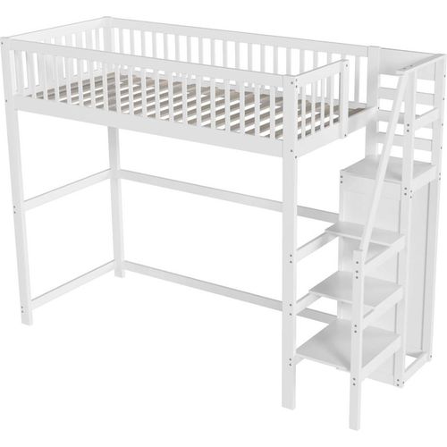 Hochbett(140x200cm,weiß)Etagebett,mit Treppe,Kinderbett aus Holz mit Aufbewahrungsregal, einfacher Kleiderschrank