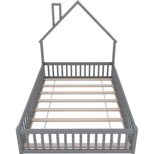 Jugendbett 140x200cm Kinderbett (ohne Matratze) Massivholzbett Doppelbett Hausbett Mit Schornsteinform und Lattenrost Grau Kiefernholz