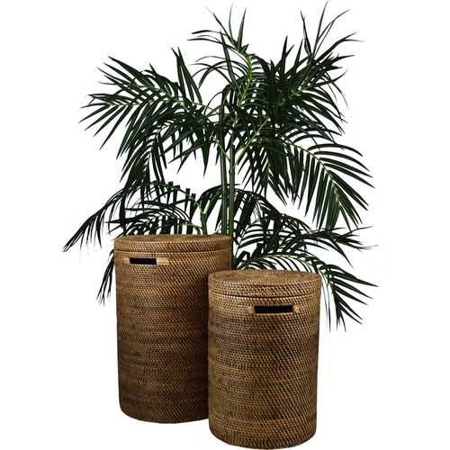 Wäschekorb Wäschebox mit Deckel aus 100% Ata, Rattan Palme, dekorative Unikate Aufbewahrungskorb Handarbeit natur rund, groß 60 x 40 cm