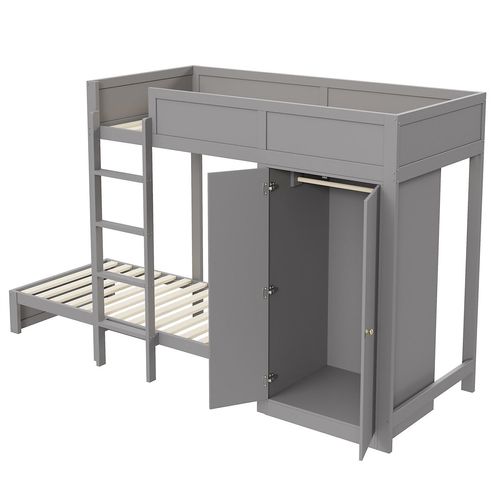 Etagenbett,Kinderbett(Grau)Hochbett,mit vertikaler Sicherheitstreppe,Kleiderschrank,hohes Zaundesign,Lattenrost