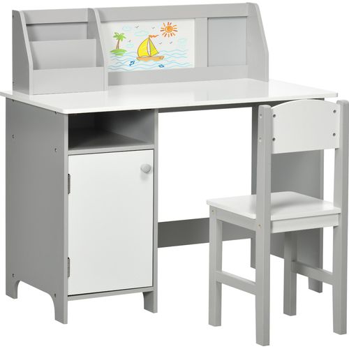 HOMCOM Holz-Kindertisch und Stuhl-Set mit Whiteboard, Lerntisch für Kinder ab 5 Jahren, Kinderschreibtischmöbel, 90 x 45 x 85 cm, Grau