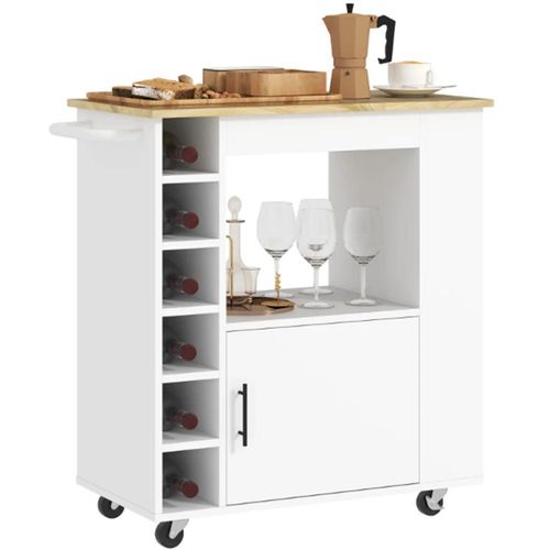 Küchenwagen, Rollbare Kücheninsel, Küchen-Trolley mit Fächern, Weinregalen, Schrank und Arbeitsfläche, Weiß