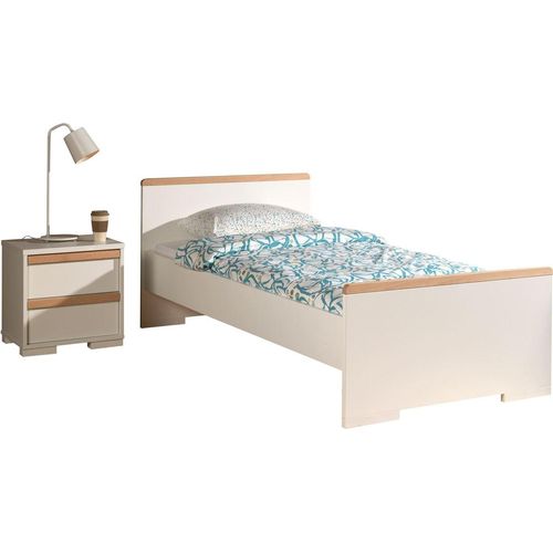 Bett mit Nachtkommode Kariotta Holzwerkstoff Weiß/Buche