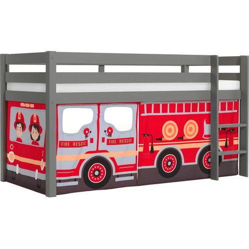 Kinderbett Karolina 210x114x106 Massivholz Grau Textilset Feuerwehr