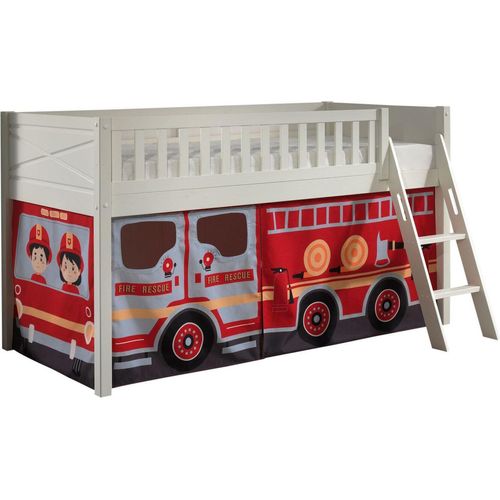 Kinderbett Karyl 208x114x135 Massivholz Weiß Textilset Feuerwehr