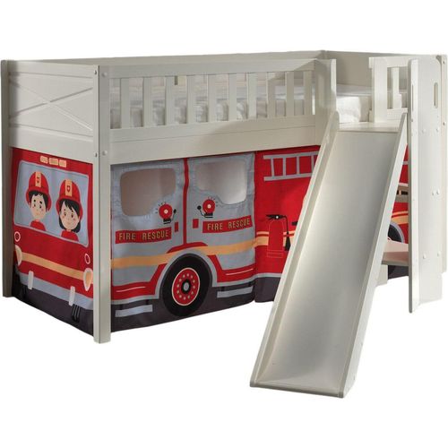 Kinderbett mit Rutsche Karyl Massivholz Weiß Textilset Feuerwehr