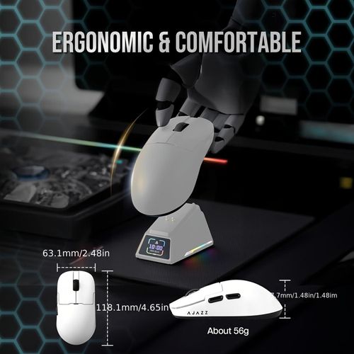 AJAZZ AJ159APEX Drahtlose Drei-Modus-Ladefunktion mit Halterung PAW3950 Leichte Gaming-Maus für Desktop, Notebook und Zuhause – Farbbildschirm,