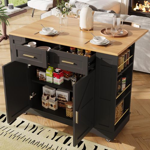 Küchenschrank/Buffetschrank mit Stretchfächern & Holzoptik, Schwarz