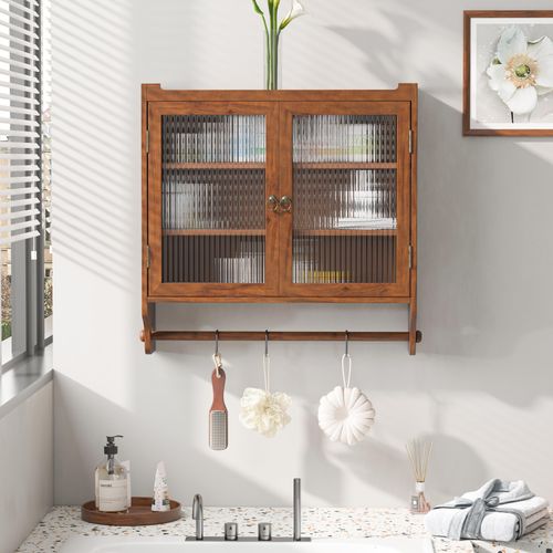 Odikalo Hängeschrank Wandhängeschrank Glashängeschrank Wandschrank Tuchhalter Weiß/Braun