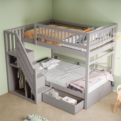 Etagenbett Aus Massivholz 90*200 cm, Mit Hohem Sicherheitsgitter, Mit Lattenrost, Sicherheitsleiter mit Stauraum, Mit Stauschubladen, Kinderbett Jugendbett, Grau
