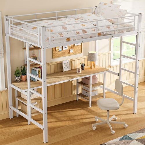 Eisenrahmenbett, Etagenbett mit Tisch und Regalen, Geeignet für Kinder und Jugendliche, Kinderbett mit Seitenleiter, mit Fallschutzgitter, Eisen + MDF, Weiß, 90x200cm