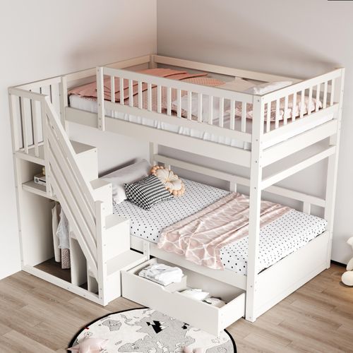 Etagenbett Aus Massivholz 90*200 cm, Mit Hohem Sicherheitsgitter, Mit Lattenrost, Sicherheitsleiter mit Stauraum, Mit Stauschubladen, Kinderbett Jugendbett, Weiß