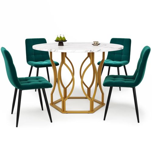 Esstisch-Set (5-teilig),mit 4 Stühlen,Modernes Küchen-Esstisch-Set,Runder Küchentisch,Metallbeine,MDF-Marmor-Tischplatte,Samt-Esszimmerstühle