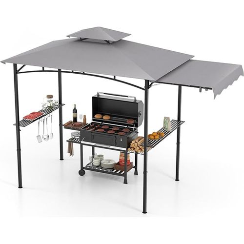 Grillpavillon mit Seitenwand, 318 x 153 cm Gartenpavillon mit 2 Seitenablagen, Hängehaken und Flaschenöffner, doppelstöckige Grillüberdachung
