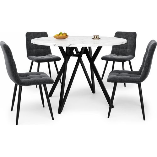 Esstisch-Set (5-teilig),mit 4 Stühlen,Modernes Küchen-Esstisch-Set,Runder Küchentisch,Metallbeine,MDF-Marmor-Tischplatte,Samt-Esszimmerstühle