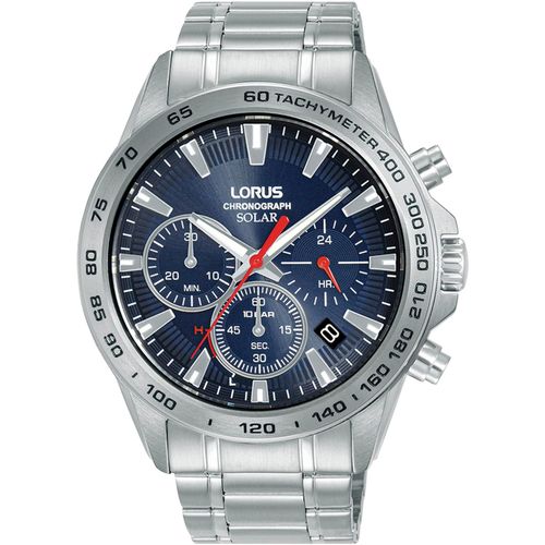 Chronograph LORUS, silber (silberfarben, blau), Armbanduhren, Herren, Armbanduhr, Herrenuhr, Solar, Datum, Edelstahlarmband
