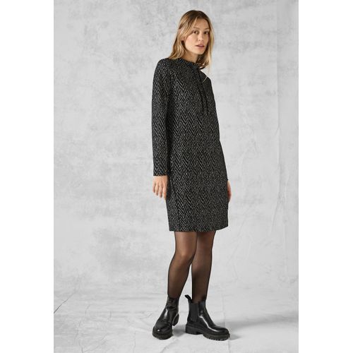 Midikleid CECIL, Damen, Gr. L (42), US-Größen, schwarz, Stoff, 67% Polyester, 29% Viskose, 4% Elasthan, Jacquardmuster, casual, normal wadenlang, hoch geschlossener Ausschnitt, Langarm abgesteppt, Kleider, mit Stehkragen