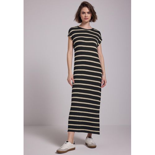 Midikleid STREET ONE STUDIO, Damen, Gr. 46, EURO-Größen, schwarz, Stoff, 94% Viskose, 6% Elasthan, gestreift, casual, gerade wadenlang, Rundhals, ohne Ärmel Bündchen, Kleider, mit Rundhalsausschnitt