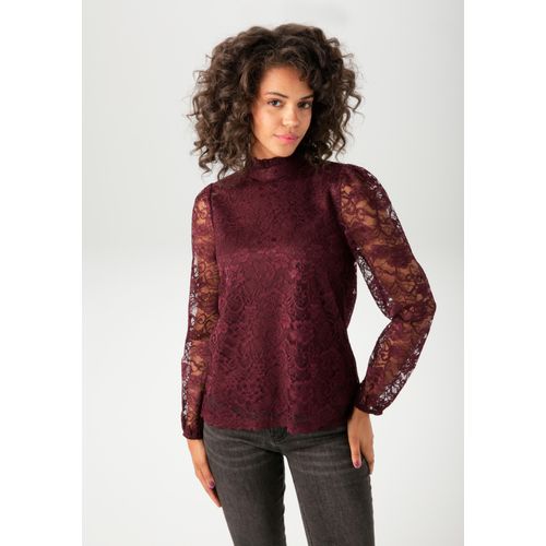 Spitzenbluse ANISTON CASUAL, Damen, Gr. 40, rot (bordeaux), Spitze, Obermaterial: 100% Polyester. Futter: 100% Polyester, unifarben, bestickt, feminin, figurumspielend hüftlang, Langarm elastischer Bund mit Gummizug, Blusen, aufwändig mit edlen Rosen verziert - NEUE KOLLEKTION