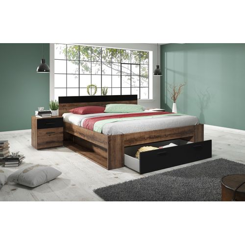 Stauraumbett HOME AFFAIRE "Beta, Breite 160 oder 180cm, moderne Bettanlage mit 2 Fächer", braun (monastery eiche, monastery eiche, schwarz, monastery eiche), B:166cm L:205cm, Betten, Stauraumbett, Bettgestell in zwei Größen inklusive Bettschublade