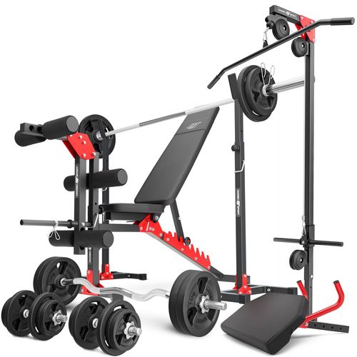 Marbo Sport Set MH25_162KG_KIER | verstellbare Hantelbank + Hantelständer MH-S201 + Beintrainer + Latzug + Scott-Bank + Hantelstangen/Hantelscheiben Set 113 kg