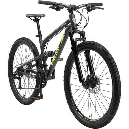 BIKESTAR Vollgefedert Aluminium Mountainbike 26 Zoll, 21 Gang Shimano Schaltung mit Scheibenbremse | 16 Zoll Rahmen Fully MTB Erwachsenen- und Jugendfahrrad | Schwarz