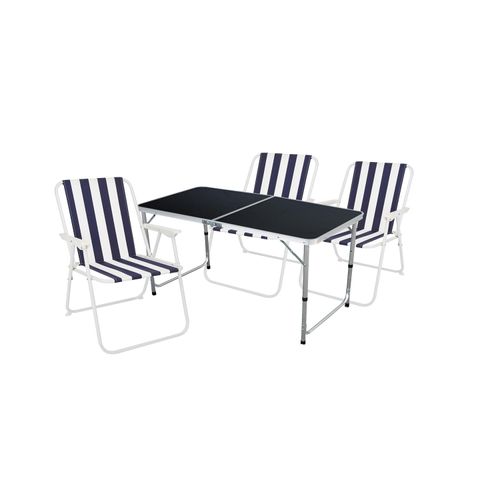 4-teiliges Campingmöbel Set Black Alu 120x60x58/70cm Blau-Weiß