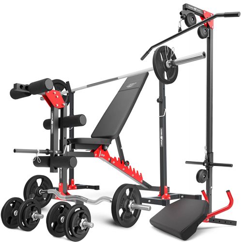 Marbo Sport Set MH25_132KG_KIER | verstellbare Hantelbank + Hantelständer MH-S201 + Beintrainer + Latzug + Scott-Bank + Hantelstangen/Hantelscheiben Set 83 kg