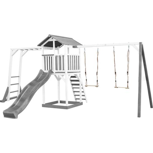 AXI Beach Tower Spielturm aus Holz in Weiß & Grau | Spielhaus für Kinder mit grauer Rutsche, Klettergerüst, Doppelschaukel und Sandkasten |
