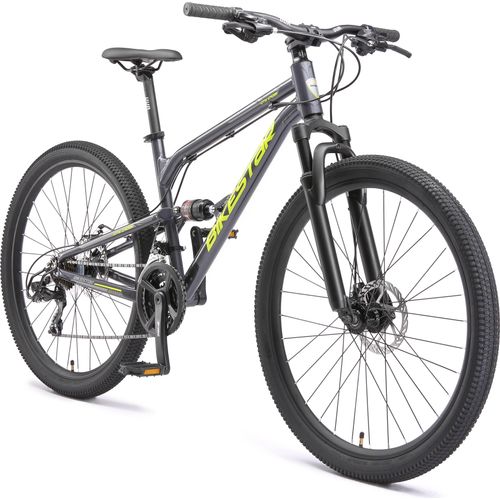 BIKESTAR Vollgefedert Aluminium Mountainbike 27.5 Zoll, 21 Gang Shimano Schaltung mit Scheibenbremse | 16,5 Zoll Rahmen Fully MTB Erwachsenen- und Jugendfahrrad | Schwarz