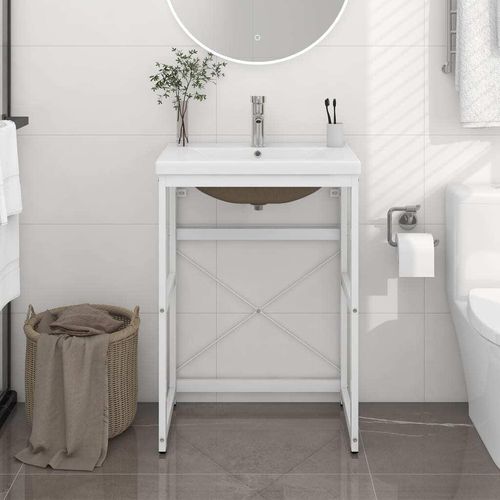 Badezimmer-Waschtischgestell mit Waschbecken Weiß Eisen - Badspiegel 3101386