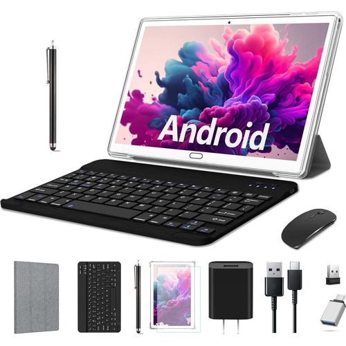 Tablet 10 Zoll, 4G LTE Dual SIM Android Tablet, 4 GB RAM + 64 GB ROM (TF 512 GB), Octa-Core 1,6 GHz, Tablet mit Tastatur + Stift + Maus + Hülle
