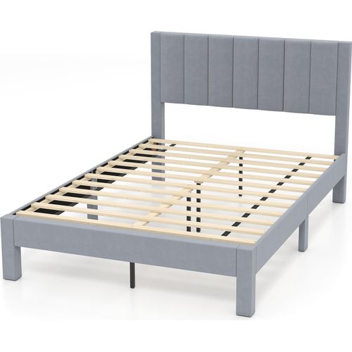 COSTWAY Bettgestell für 200x140cm Matratze, gepolstertes Doppelbettgestell, Plattformbett mit Kopfteil, Lattenrost & Fußpolster, Grau, Modell I, M