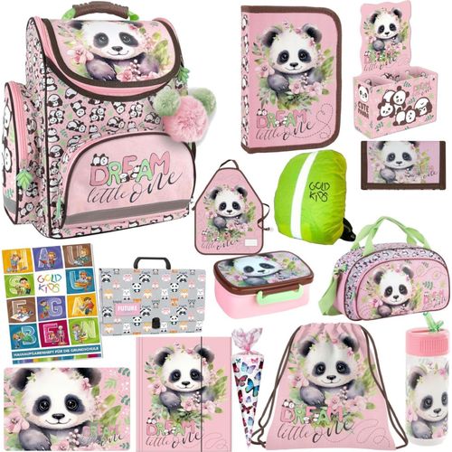 Goldkids - Schulranzen für Jungen und Mädchen, 15er-Set - Schul-Rucksack für Kinder mit Federmäppchen - Schuhbeutel Trinkflasche und Brotdose - Panda