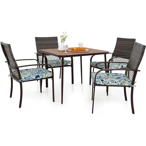 Gartenmöbel Set mit Tisch und Stühlen, 1 Tisch mit Loch für Sonnenschirm, mit bequemen Kissen, verstellbare Füße, Rattan-Tisch und Stühle
