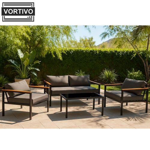 Gartenlounge Set 4-teilig – Metallrahmen & UV-beständige Holzoptik-Armlehnen – Dunkelgraue Polster – Moderne Outdoor Sitzgruppe für Terrasse & Balkon