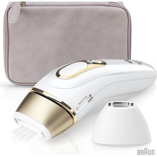Braun IPL Silk Expert Pro 5 PL5124 Generation IPL, dauerhafte sichtbare Haarentfernung für Frauen und Männer mit Premium-Beutel, Venus-Rasiermesser und Präzisionskopf, Weiß und Gold