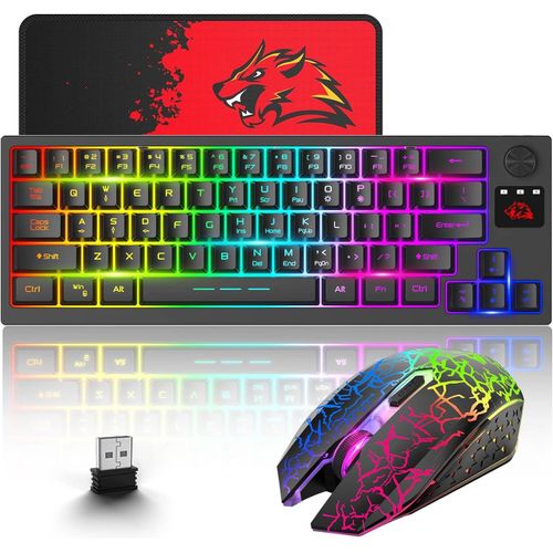 Wireless Gaming-Tastatur und Maus-Combo, 64 Tasten mit Knopf RGB LED Hintergrundbeleuchtung Klaviatur 4000mAh-Batterie wiederaufladbare 2400 DPI
