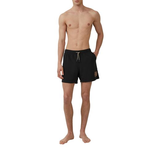 Strandshorts S.OLIVER, Herren, Gr. XL, N-Gr, schwarz, Obermaterial: 100% Polyester, bedruckt, casual, regular fit ca. Mitte Oberschenkel, Hosen, Sommerhose mit elastischem Bund