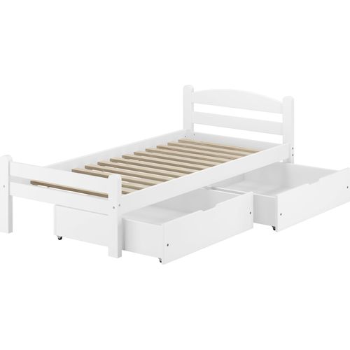 Weißes Einzelbett Buche massiv 80x200 Bettgestell und wählbare Ausstattung V-60.45-08WRollrost und Doppelbettkasten inkl.