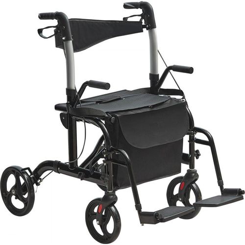 2-in-1 Rollator und Transportstuhl - Zusammenklappbare Rollator-Rollstuhl-Kombination - Leichter Aluminium-Rollator mit verstellbarem Griff - All-Terrain-Räder - 136 kg - Schwarz