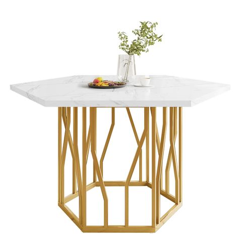 STILVORA Sechseckiger Marmor-Esstisch,Küchentisch Metallzweiggestell Couchtisch mit Metallhalterung