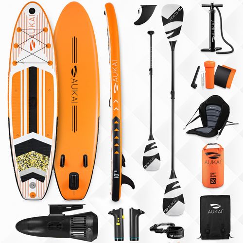 Stand Up Paddle Board 320cm mit Elektromotor & Kajak Sitz, Paddel und Doppelpaddel SUP Surfboard aufblasbar Surfbrett Paddelboard - Pro orange