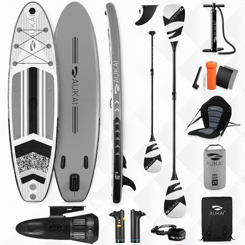 Stand Up Paddle Board 320cm mit Elektromotor & Kajak Sitz, Paddel und Doppelpaddel SUP Surfboard aufblasbar Surfbrett Paddelboard - Pro grau