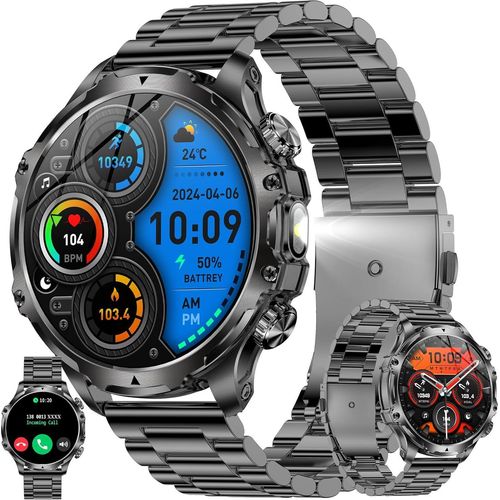 Herren Smartwatch mit Telefonfunktion, 800 mAh Akku, Taschenlampe, 5ATM Aktivitätstracker 123 Sportmodi, Blutdruck-Schrittzähler