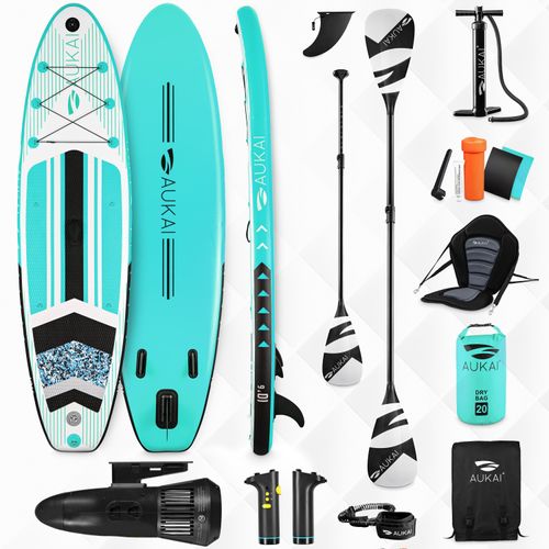 Stand Up Paddle Board 320cm mit Elektromotor & Kajak Sitz, Paddel und Doppelpaddel SUP Surfboard aufblasbar Surfbrett Paddelboard - Pro türkis